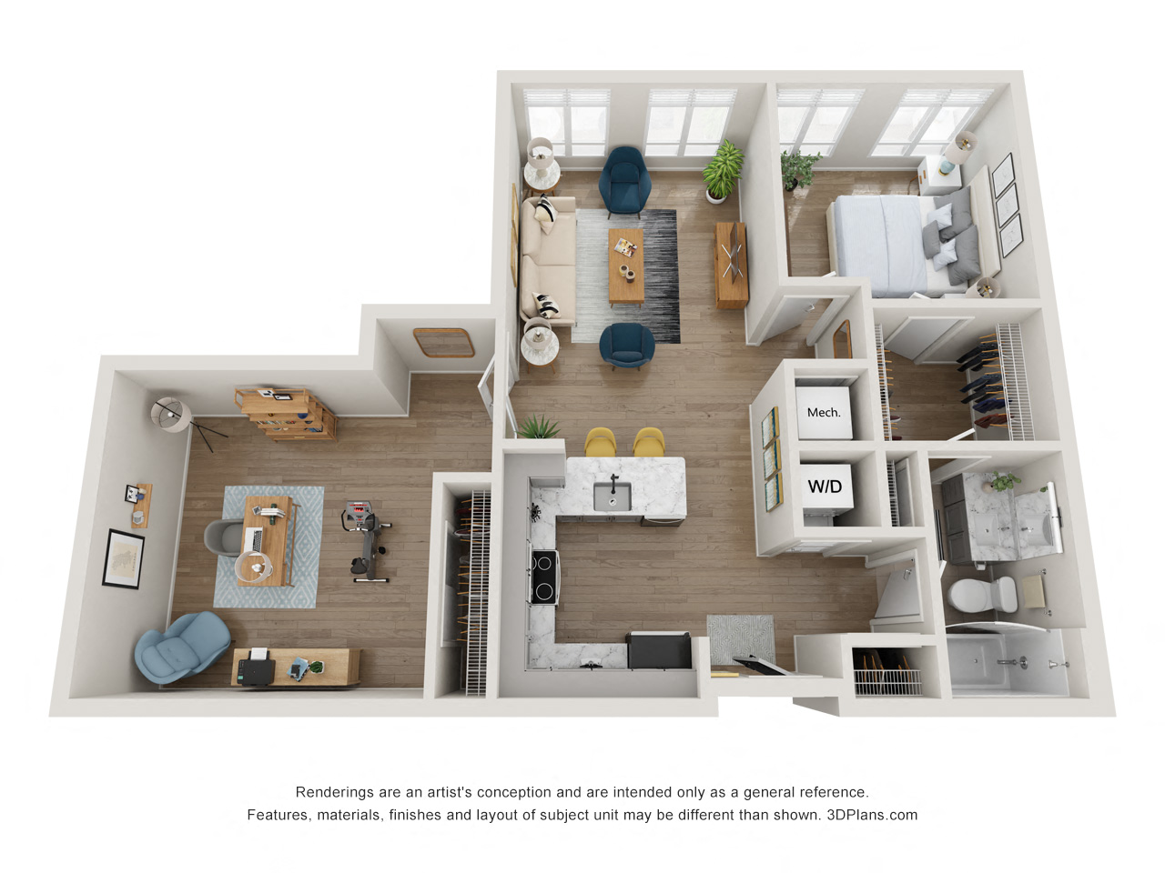 Floor plan for 1 bed, 1 bath, 877 sqft